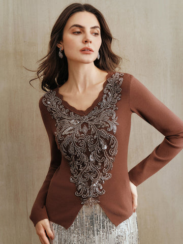 Embellished V Neck Knit Pullover