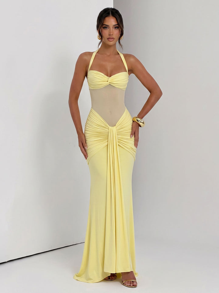 Sexy Halter Mesh Insert Maxi Dress