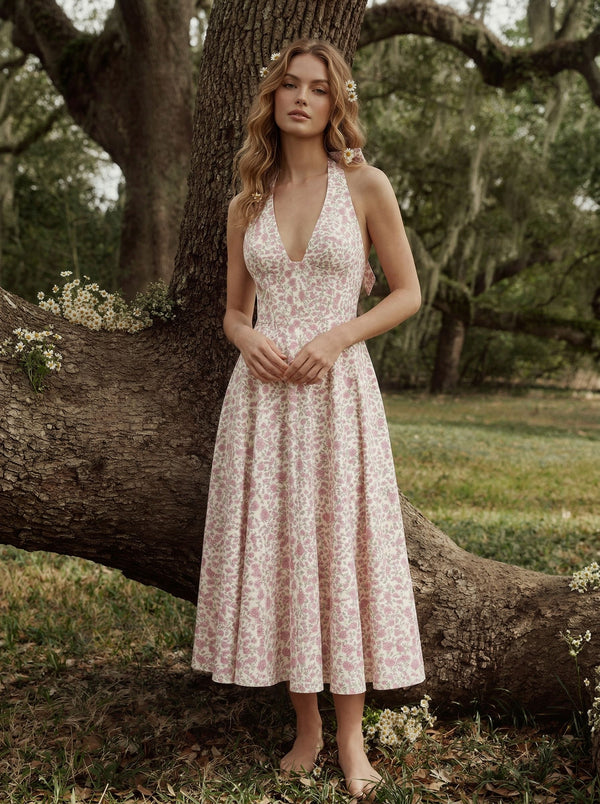 AURELIA Floral Print Halter Neck Tie Back Midi Dress