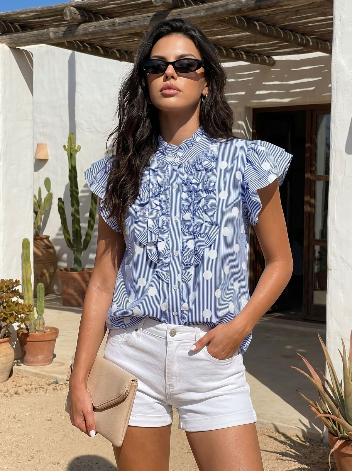 Ruffled Polka Dot Striped Button Shirt
