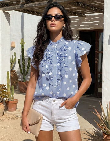 Ruffled Polka Dot Striped Button Shirt