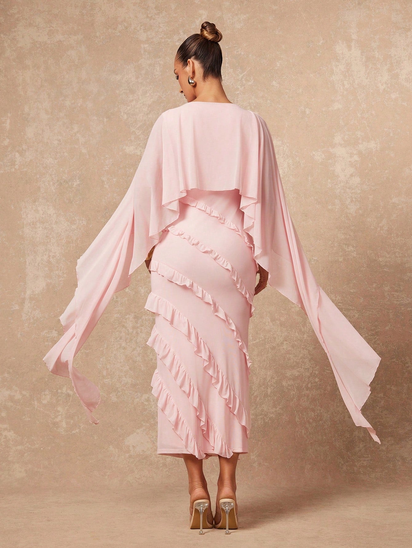 Elegant Ruffled Cape Sleeve Midi Dress