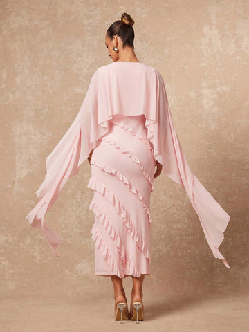 Elegant Ruffled Cape Sleeve Midi Dress
