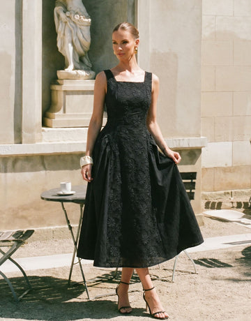 Elegant Embroidered Square Neck Midi Dress