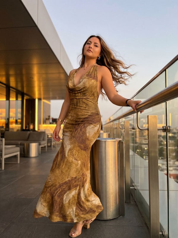 LILA Golden Marble Print Cowl Neck Bodycon Maxi Dress