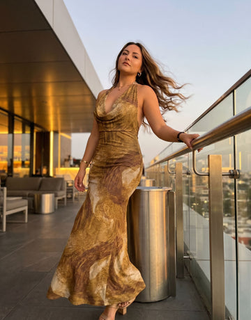 LILA Golden Marble Print Cowl Neck Bodycon Maxi Dress