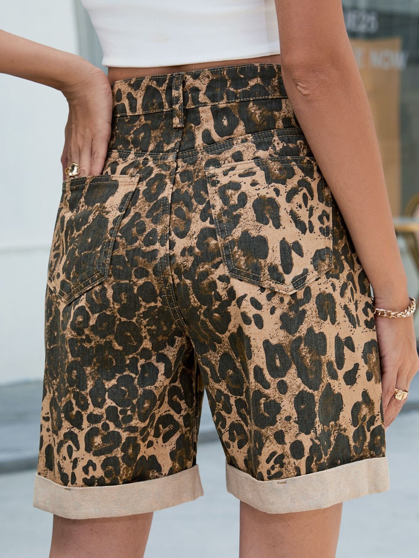 High Waisted Leopard Print Denim Shorts