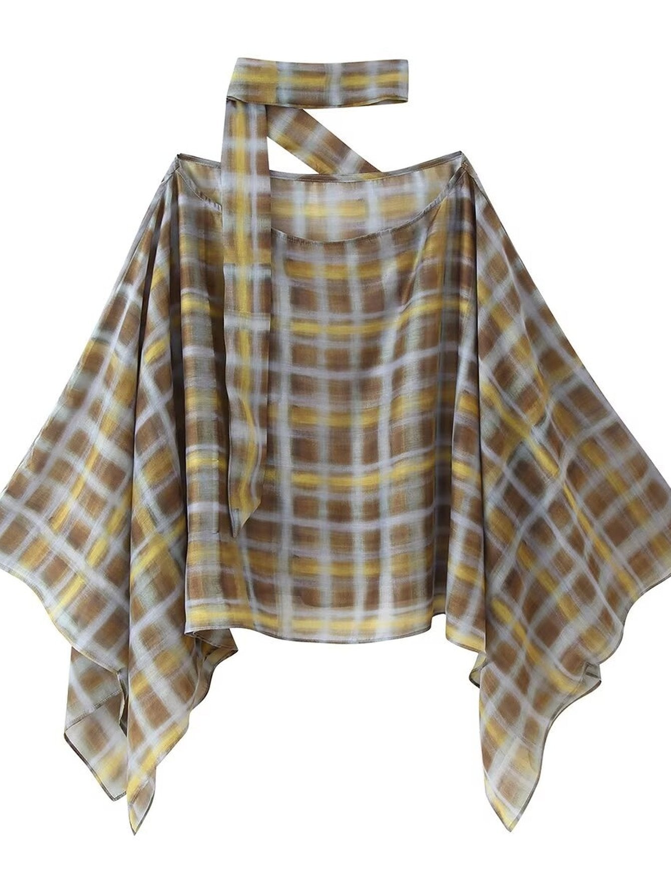Plaid Chiffon Halter Neck Blouse