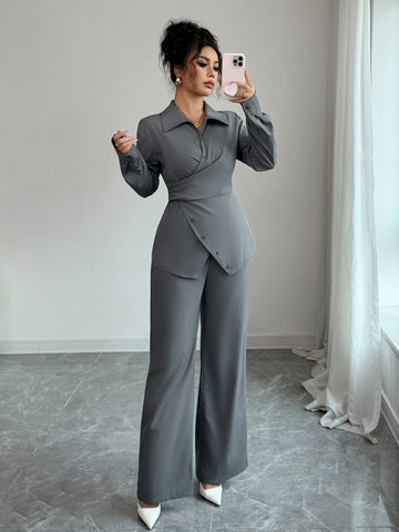 Elegant Wrap Buttoned Pant Set