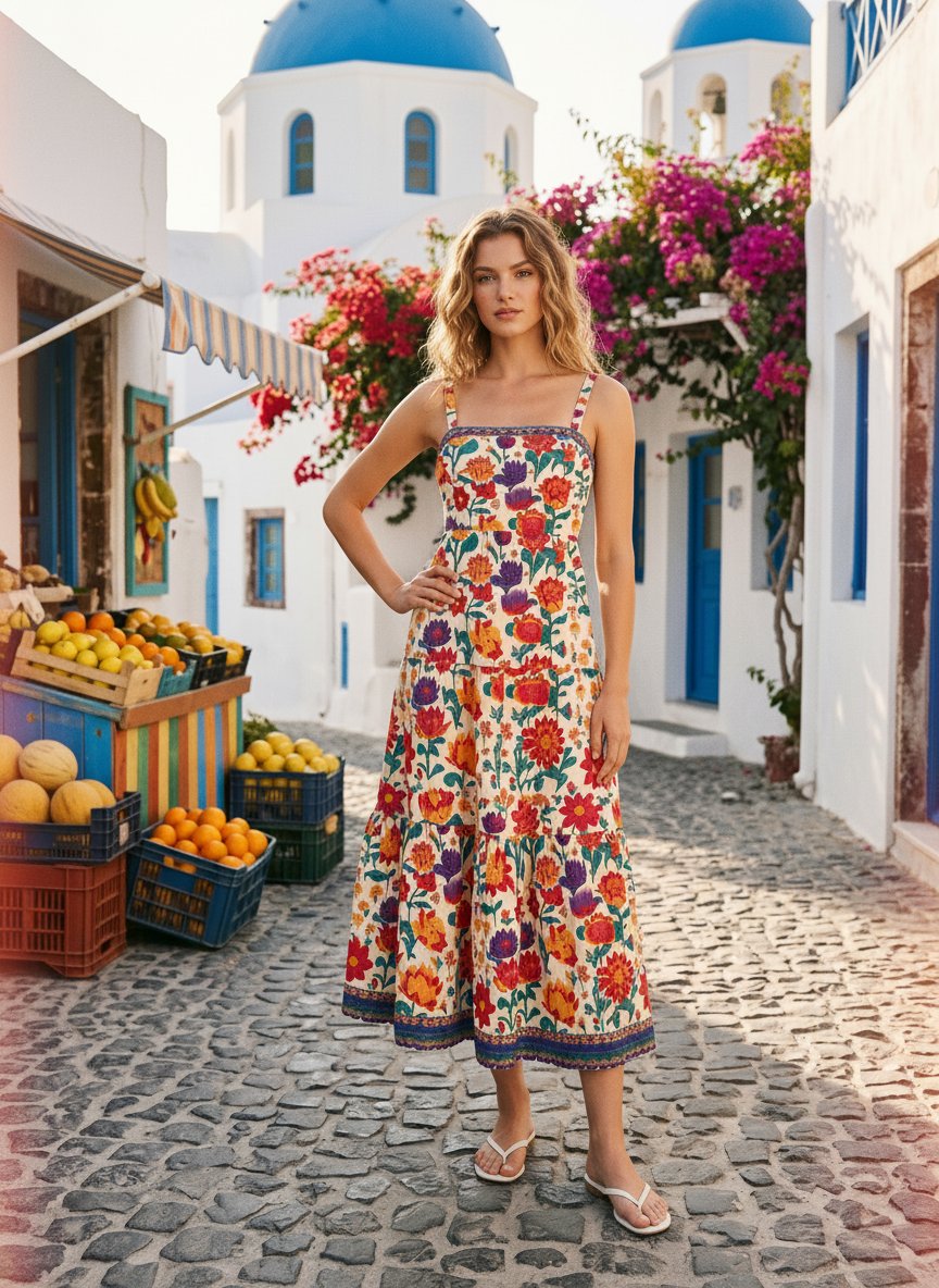 FLORA Floral Print Tiered Strap Midi Dress