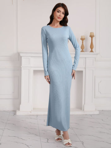 Round Neck Long Sleeve Bodycon Daily Maxi Dress-Blue