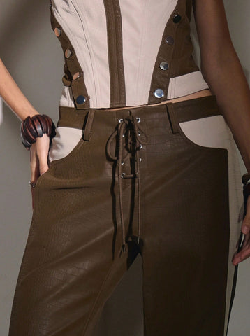 Faux Leather Drawstring Wide Leg Pants
