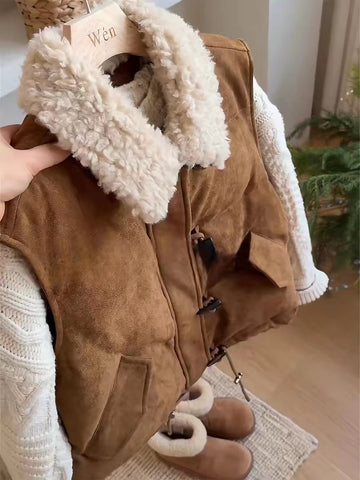 Faux Suede Sherpa Collar Puffer Vest