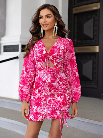 Floral Print Puff Sleeve Cutout Party Mini Dress