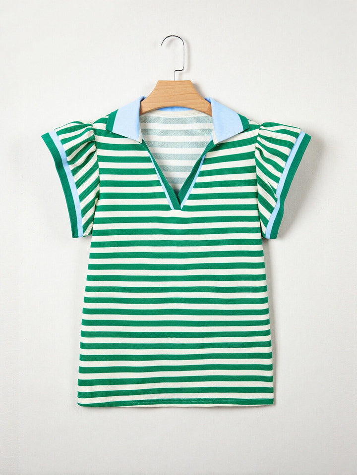 Striped Ruffle Sleeve Polo T-Shirt