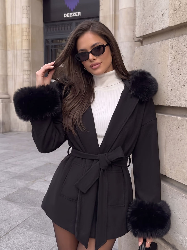 Faux Fur Hooded Belted Coat