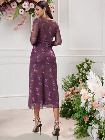 Floral Print Long Sleeve Mesh Evening Dress