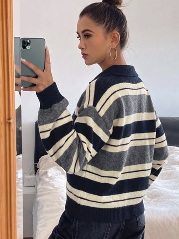 Oversized Striped Polo Collar Sweater