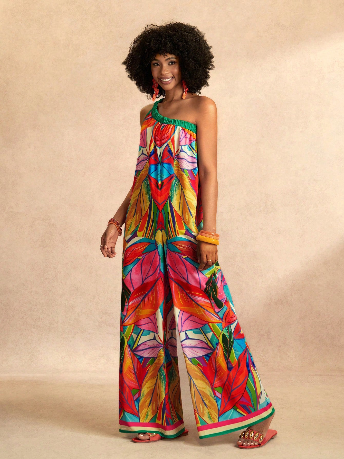 Tropical One Shoulder Wide Leg Jumpsuit