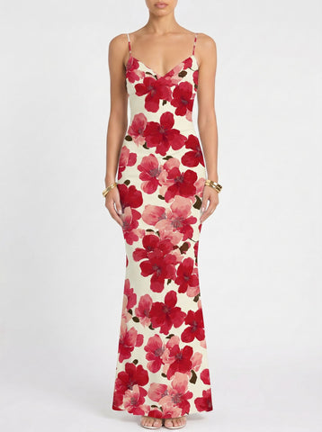 Floral Print Spaghetti Strap Bodycon Maxi Dress