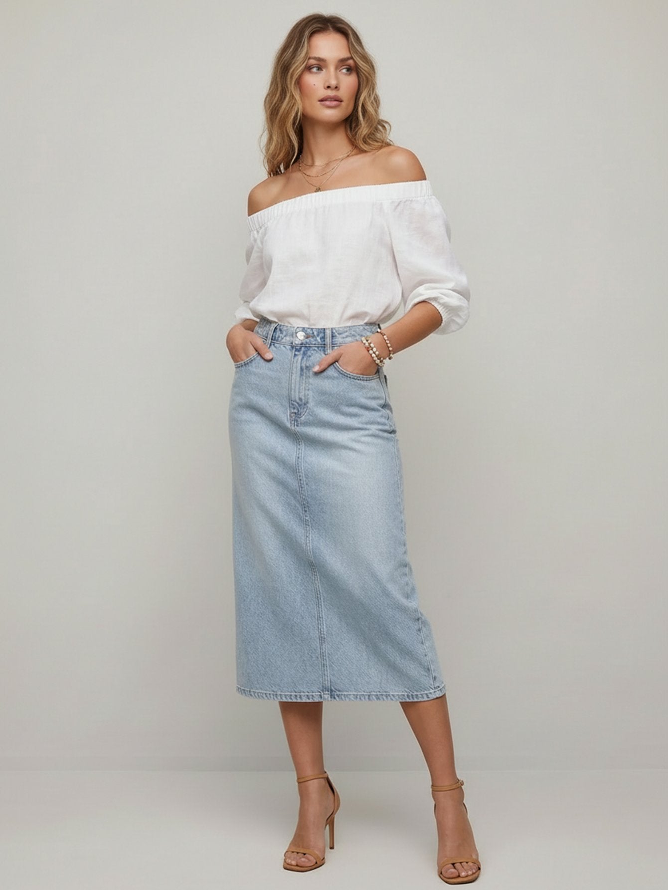 Cotton Denim Midi Skirt