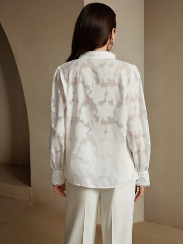Sheer Floral Embroidered Button Down Shirt
