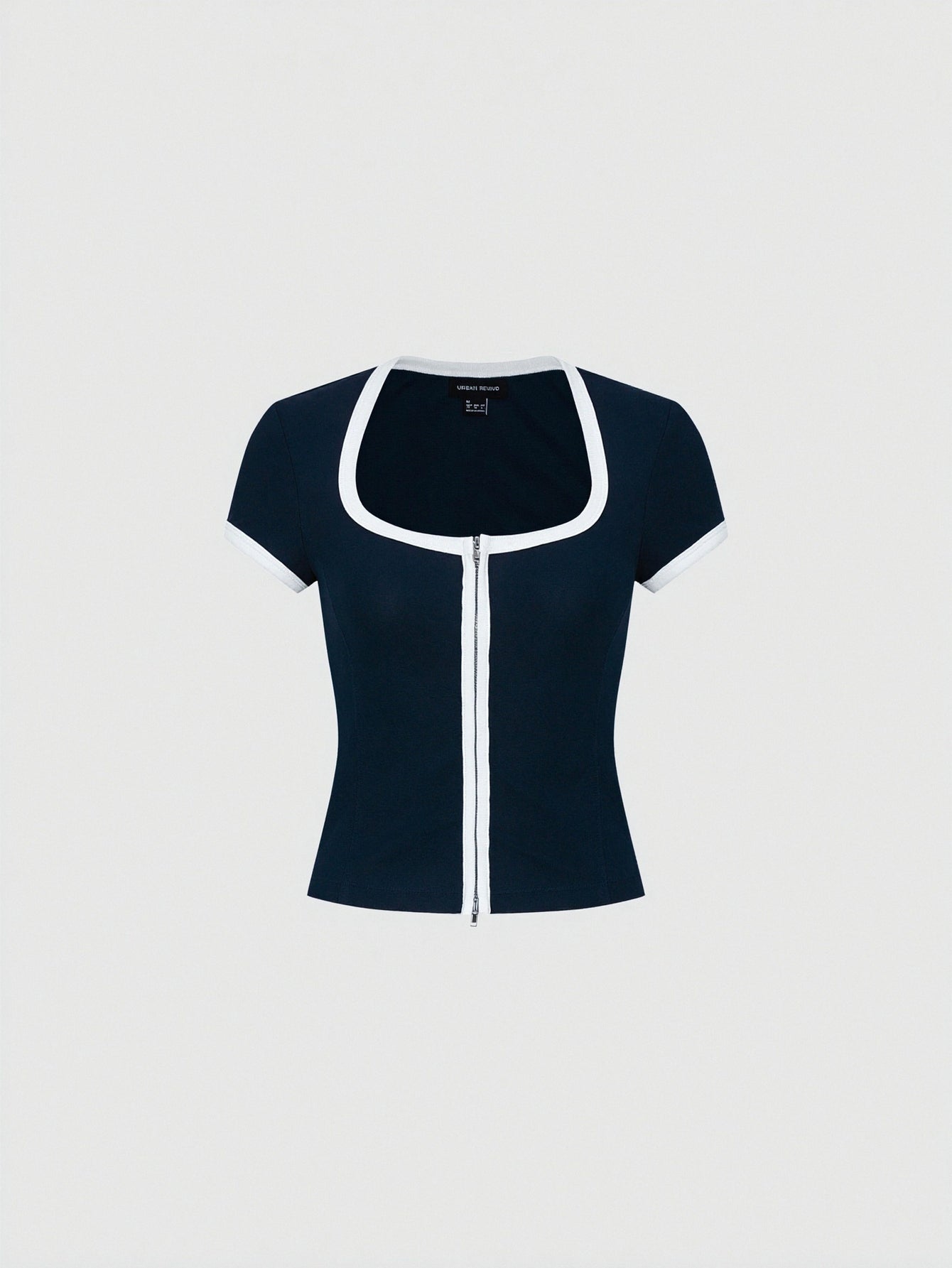Contrast Trim Square Neck Zip-Up Cropped Skinny-Fit T-Shirts