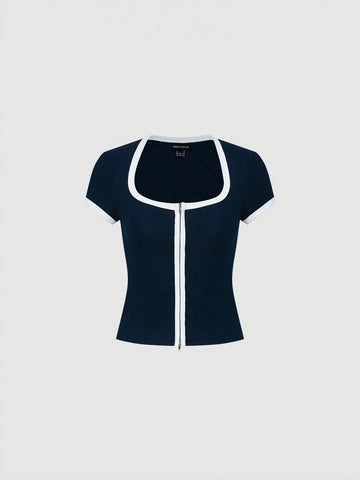 Contrast Trim Square Neck Zip-Up Cropped Skinny-Fit T-Shirts
