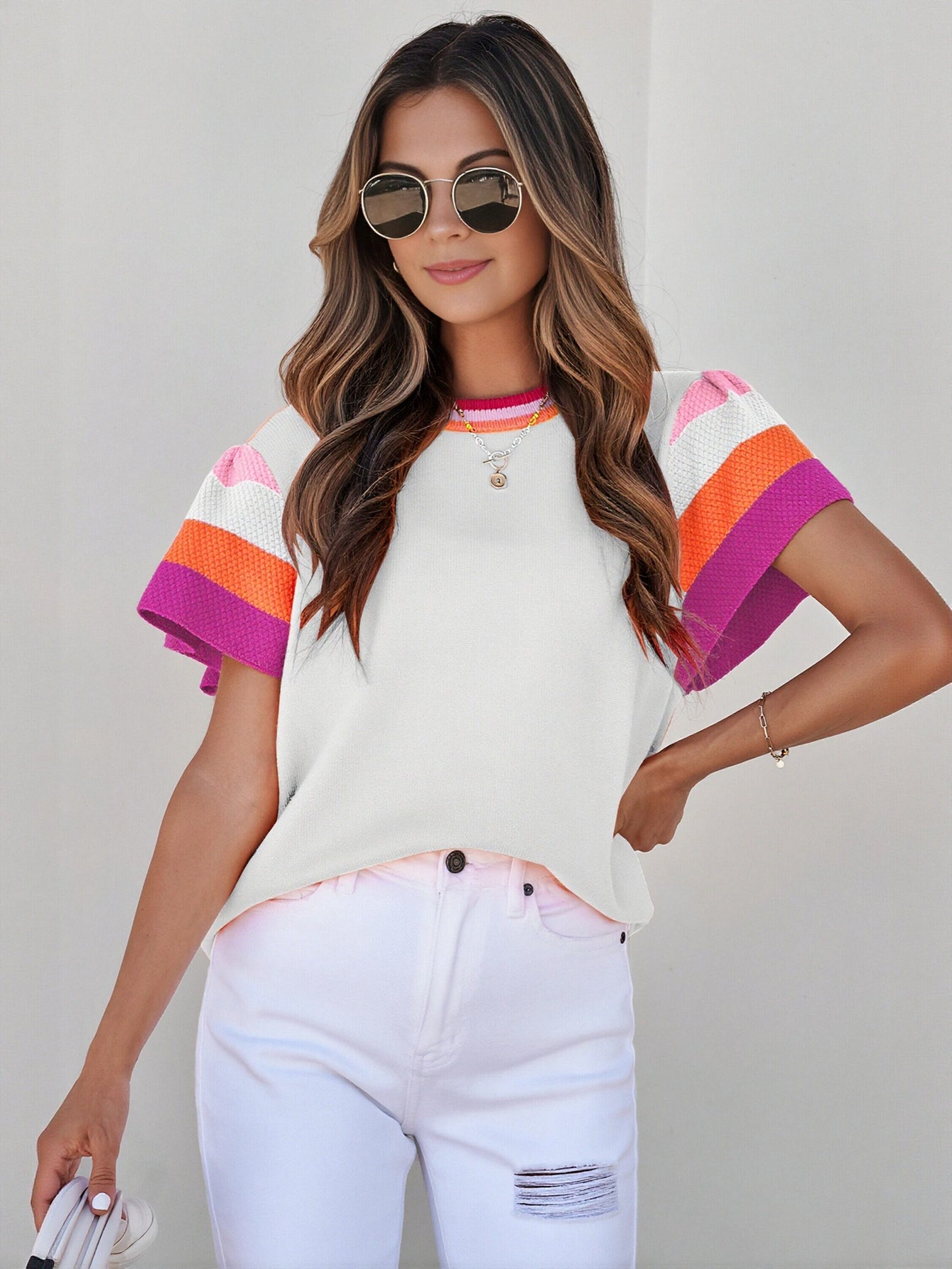 Striped Puff Sleeve Knit Sweater