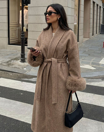 Faux Fur Trim Belted Wool Coat