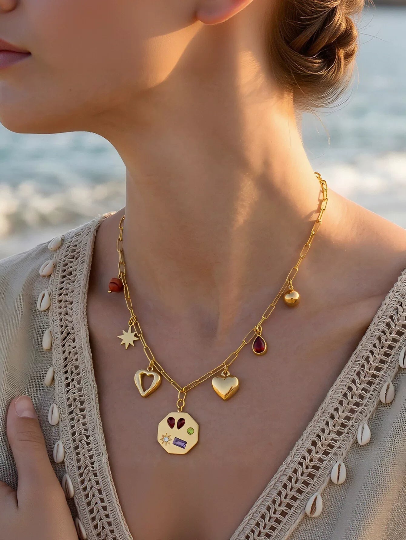 Charming Multi Charm Gold Paperclip Necklace