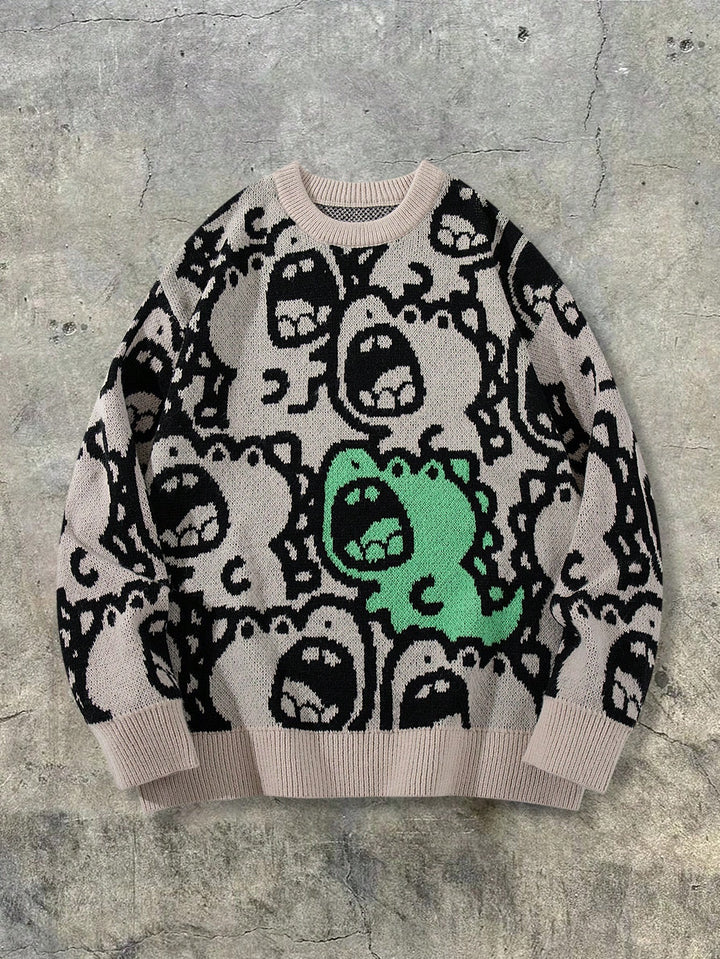 Oversized Graphic Dinosaur Print Knit Sweater