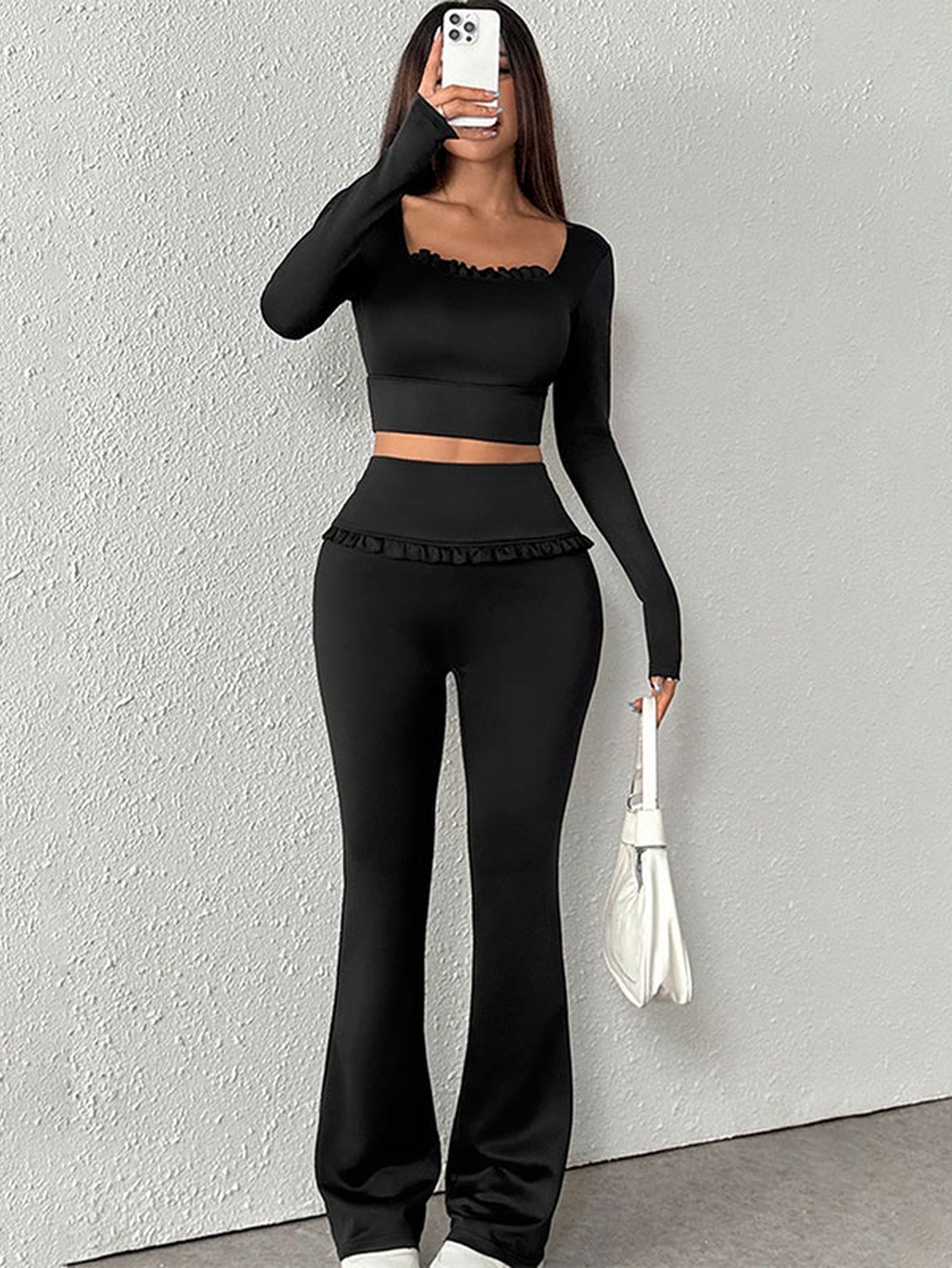 Ruffle Trim Crop Top Pants Set