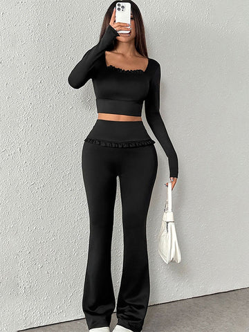Ruffle Trim Crop Top Pants Set