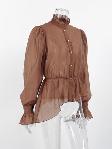 Elegant Lace Trim Peplum Button Shirt