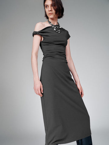 Urban Revivo One Shoulder Ruched A-Line Midi Dresses-Grey