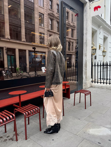 Elegant Lace Trim Satin Midi Skirt