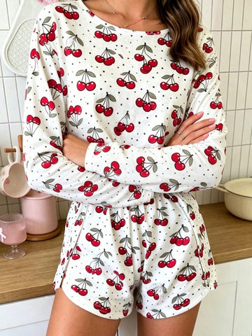 Cozy Cherry Print Pajama Lounge Set
