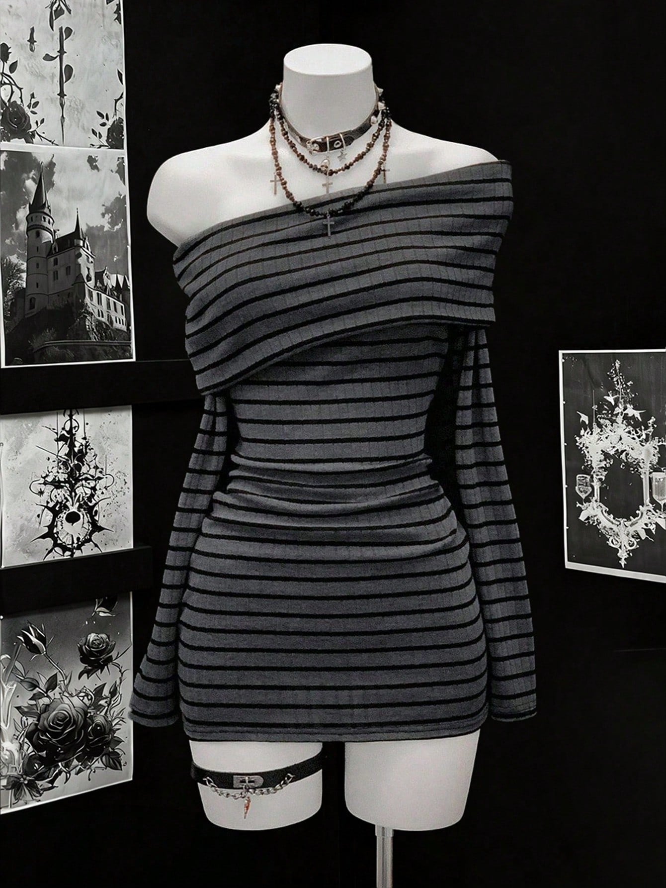 Off Shoulder Striped Ribbed Mini Dress