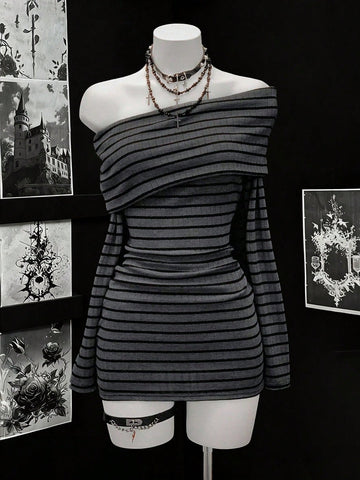Off Shoulder Striped Ribbed Mini Dress