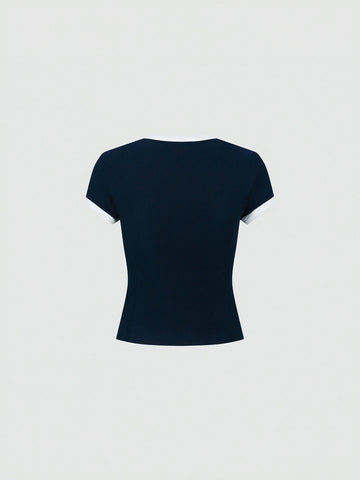 Contrast Trim Square Neck Zip-Up Cropped Skinny-Fit T-Shirts