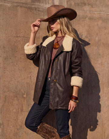 Oversized Faux Shearling Trim Leather Jacket