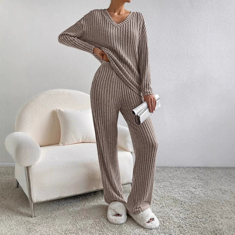 Cozy Ribbed V Neck Lounge Set