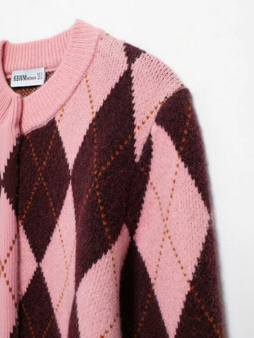Cropped Argyle Pattern Knit Cardigan