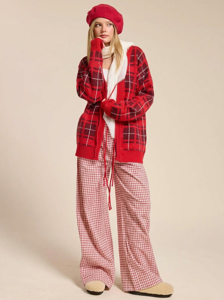 Cozy Plaid Knit Tie Cardigan
