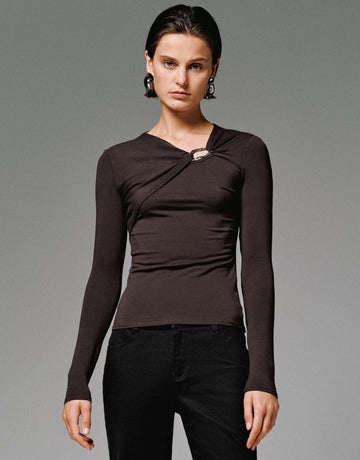 Urban Revivo Knot Front Long Sleeve T-Shirts-Chocolate
