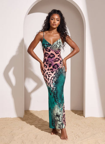 KIRA Leopard and Snakeskin Print Spaghetti Strap Bodycon Maxi Dress