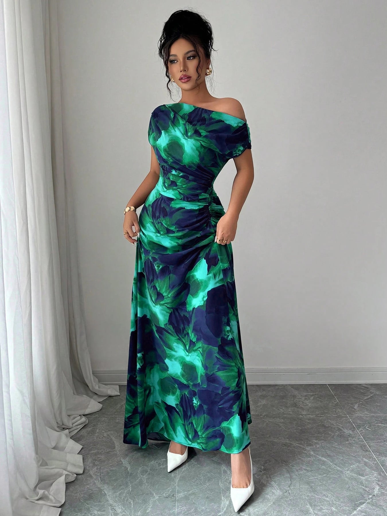 Tropical Print Off-Shoulder Vacation Midi Dress-Green