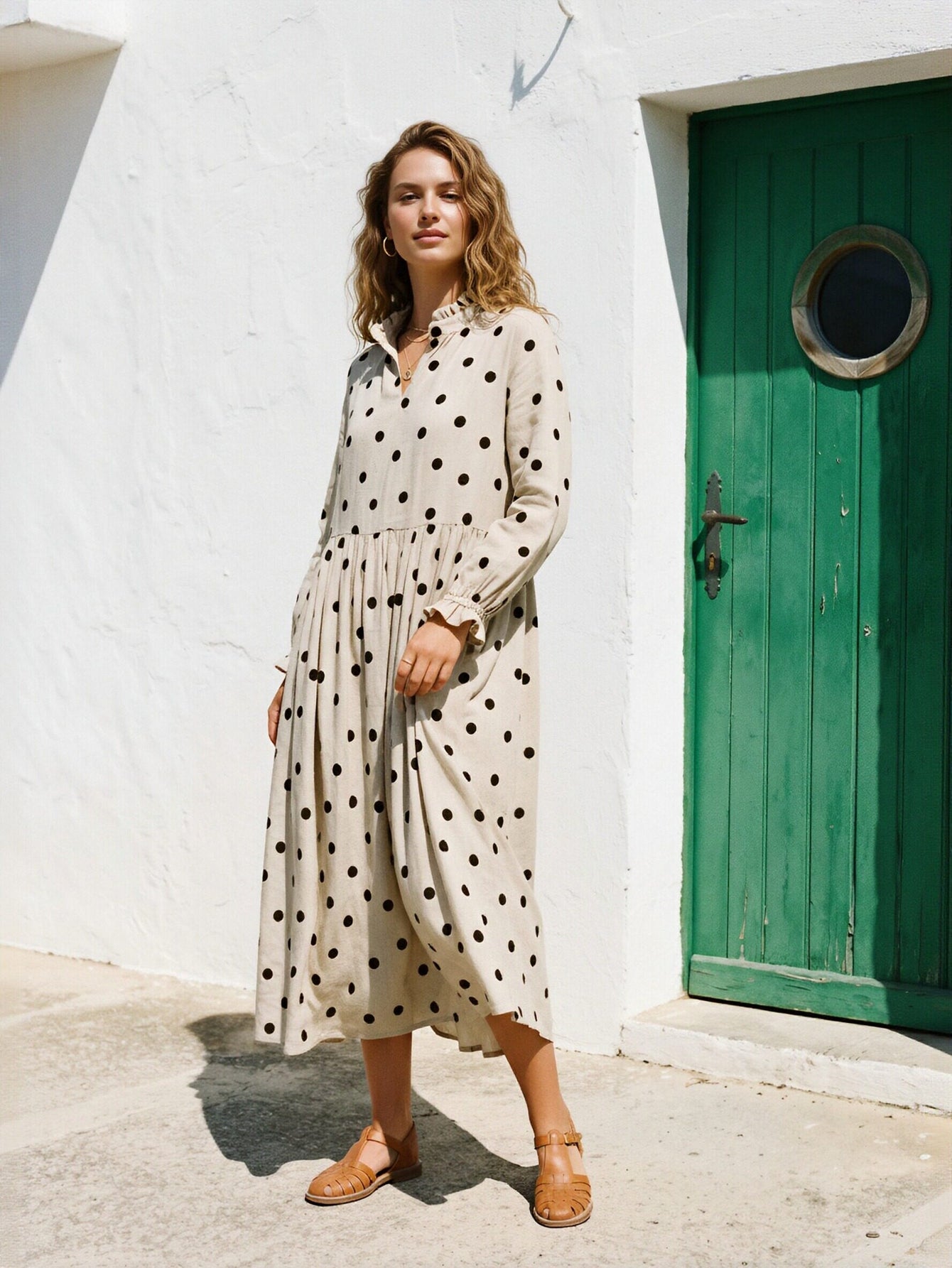 Casual Polka Dot Linen Midi Dress
