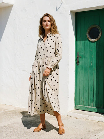 Casual Polka Dot Linen Midi Dress